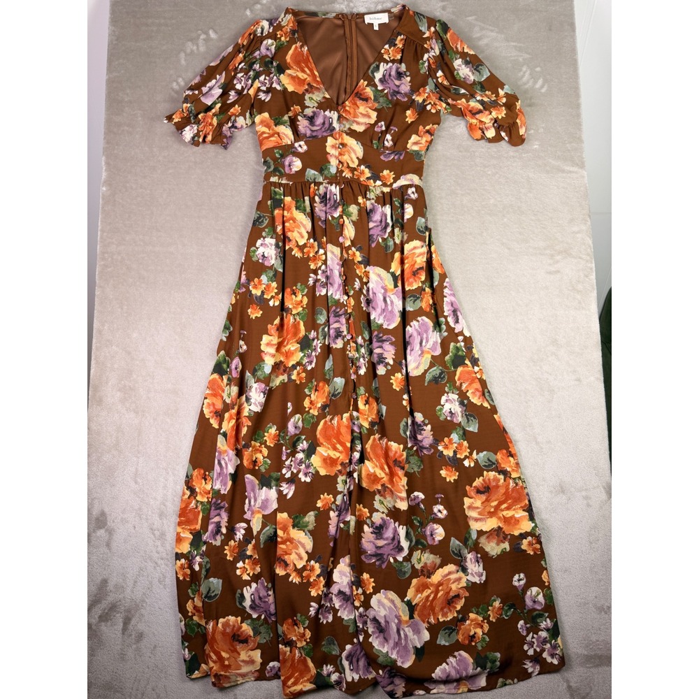 Böhme Floral V-Neck Maxi Dress Size Small Brown Orange Purple Smocked Back Fall
